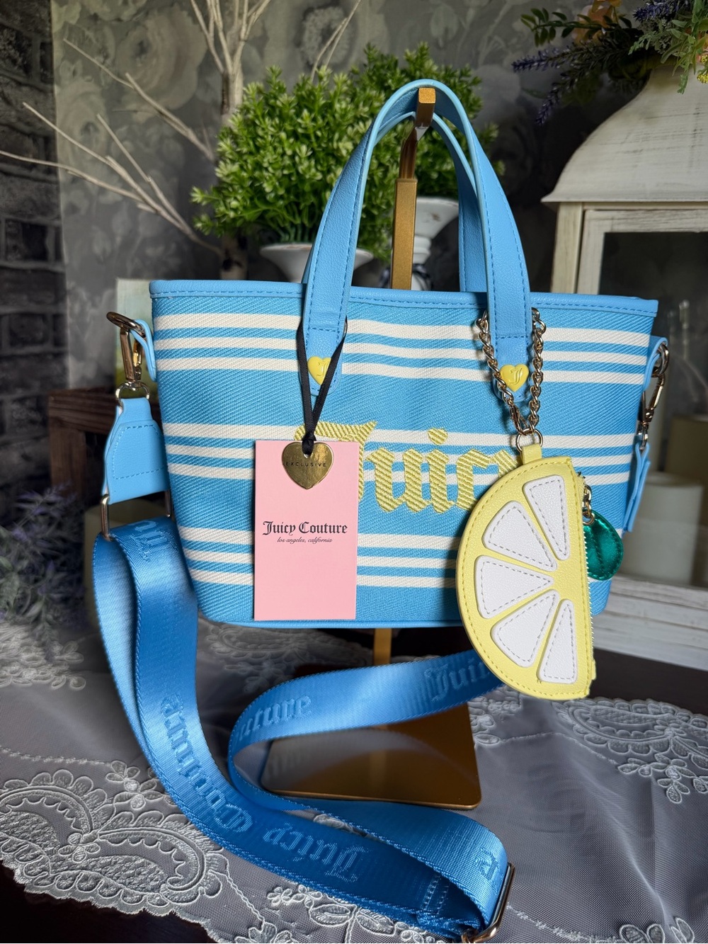 NWT Juicy Couture Blue & White Striped Mini Tote Purse Bag with Lemon Charm